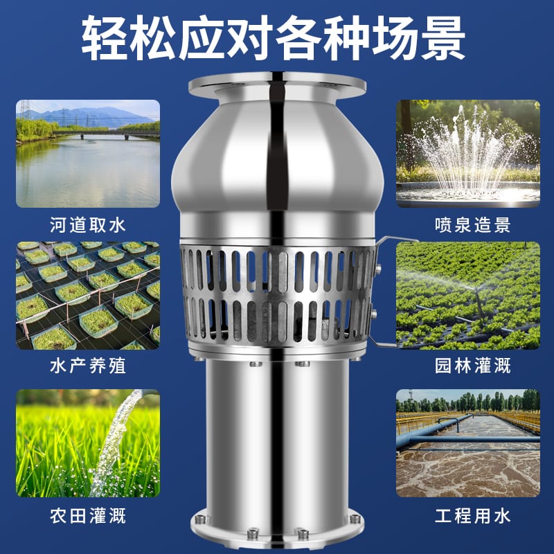 潜水泵适用场景拼图：河道取水、喷泉造景、水产养殖、园林灌溉、农田灌溉、工程用水